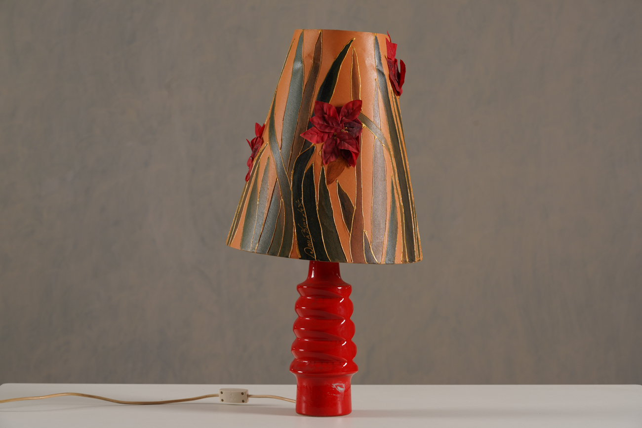 Vintage Red Table Vase With Flowers Upholstered Hat, Germany 1970’s