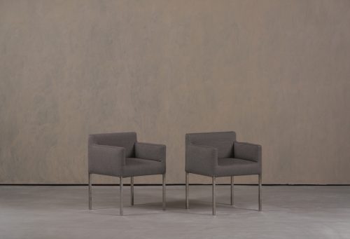 Modern-grey-armchair-Ligne-Roset-chrome-metal-legs-Alcantara-upholstery.