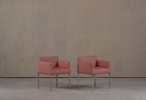 Modern-pink-armchair-Ligne-Roset-chrome-legs-fabric-upholstery