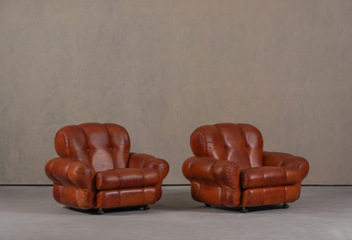 Pair-of-Mid-Century-Modern-club-chairs-cognac-upholstery-Italy