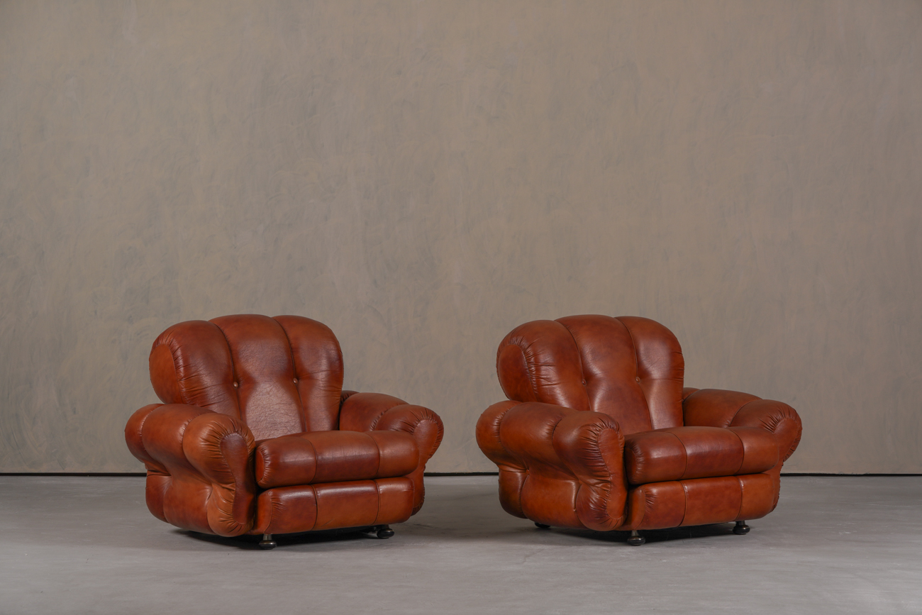 Vintage Italian Club Chairs in Cognac Leatherette, Italy 1970’s  Set of 2